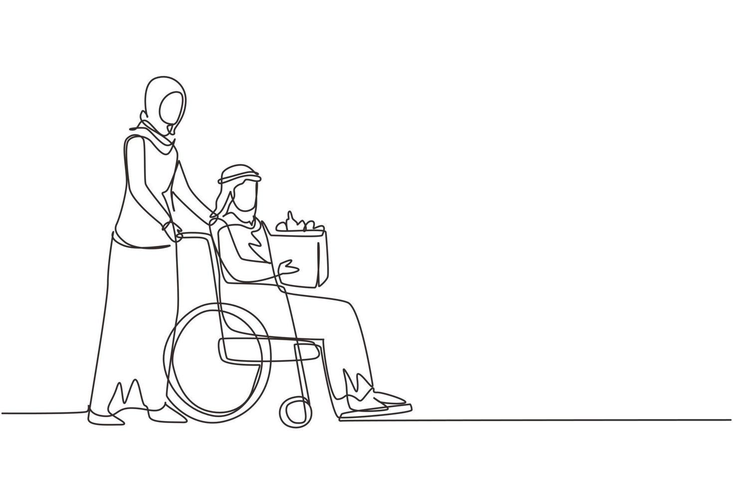 assistente sociale di disegno a linea continua singola che aiuta il vecchio su sedia a rotelle a fare la spesa. volontaria araba che si prende cura e cammina con un maschio anziano disabile per fare shopping. vettore di disegno a una linea