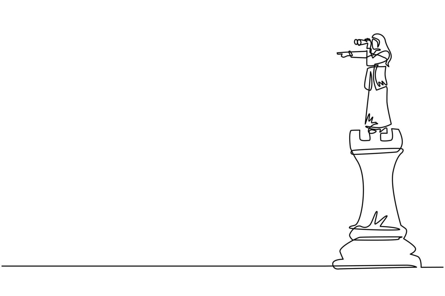 singola linea continua che disegna una donna d'affari araba in cima a un pezzo degli scacchi di grande torre utilizzando il telescopio in cerca di successo, opportunità, tendenze commerciali future. illustrazione vettoriale di un disegno di linea