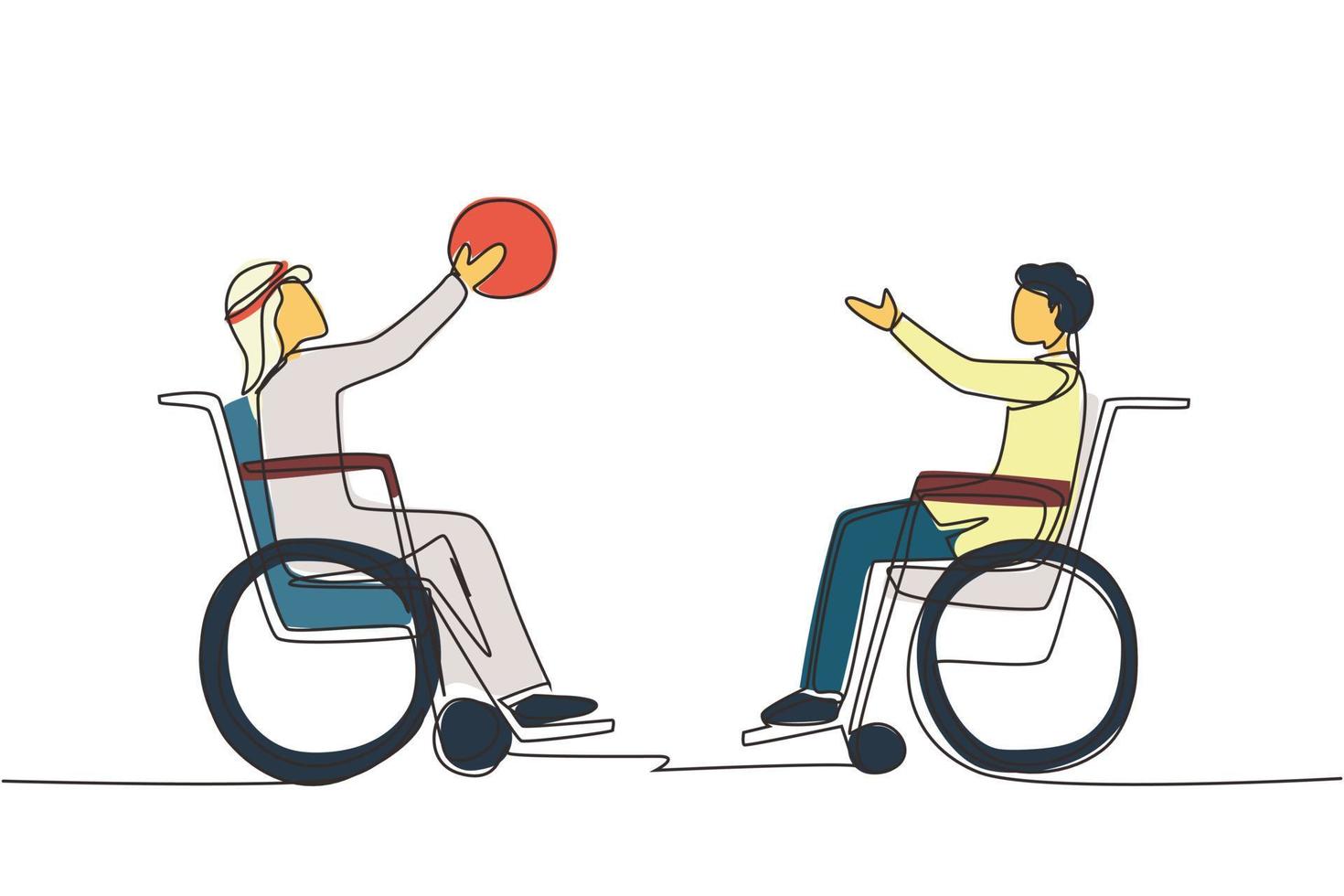 singolo disegno a tratteggio gioioso giovane arabo disabile in sedia a rotelle che gioca a basket. concetto di sport adattivo per disabili. illustrazione vettoriale grafica di disegno a linea continua