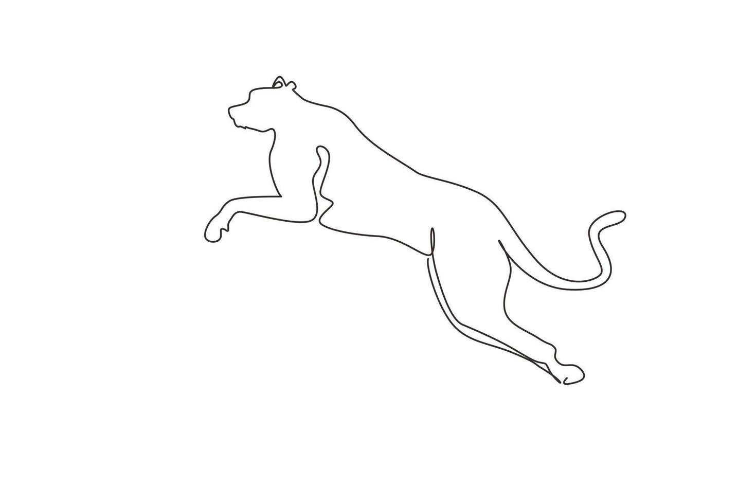un'unica linea continua che disegna un forte ghepardo sta saltando per l'identità del logo aziendale. concetto di mascotte animale gatto selvatico per lo zoo safari nazionale. illustrazione vettoriale di disegno grafico dinamico di una linea