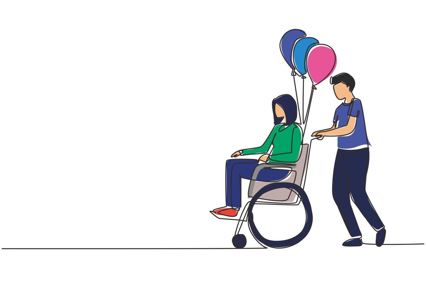 concetto di scena di persone con disabilità di disegno a linea singola. l'uomo porta una donna disabile in sedia a rotelle. accessibilità, riabilitazione persona invalida, attività delle persone. vettore di disegno a linea continua