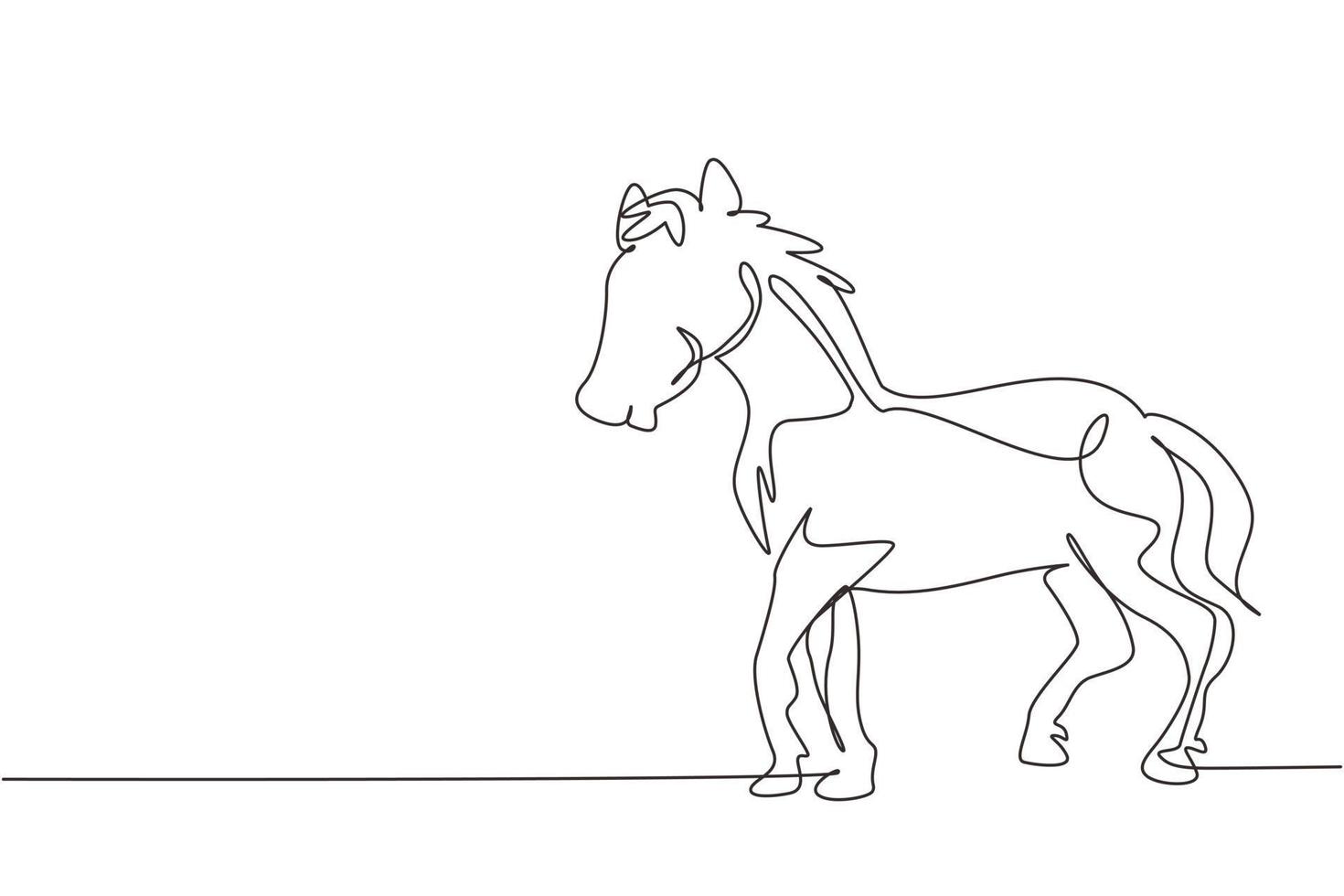 un'unica linea continua che disegna un orgoglioso cavallo bianco che cammina con grazia con lo zoccolo anteriore in avanti. il mustang selvaggio galoppa nella natura libera. cavallo addomesticato. illustrazione vettoriale di un disegno grafico a una linea