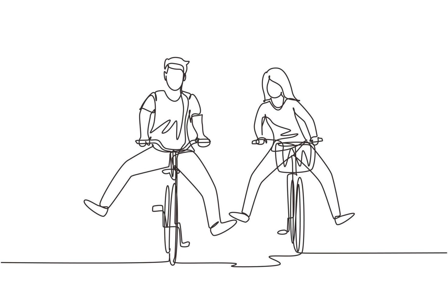 disegno continuo di una linea felice coppia giovane divertente in sella alla bicicletta. romantica coppia adolescente giro in bicicletta. giovane uomo e donna innamorati. felice coppia di sposi. grafica vettoriale di disegno a linea singola