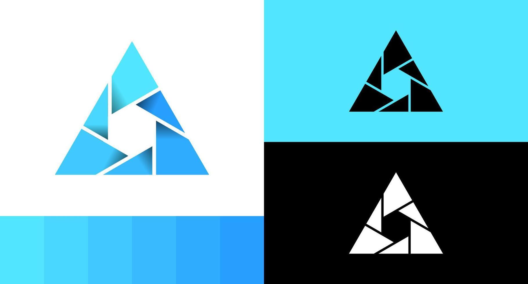 triangolo con concetto di design del logo dell'obiettivo della fotocamera esagonale vettore