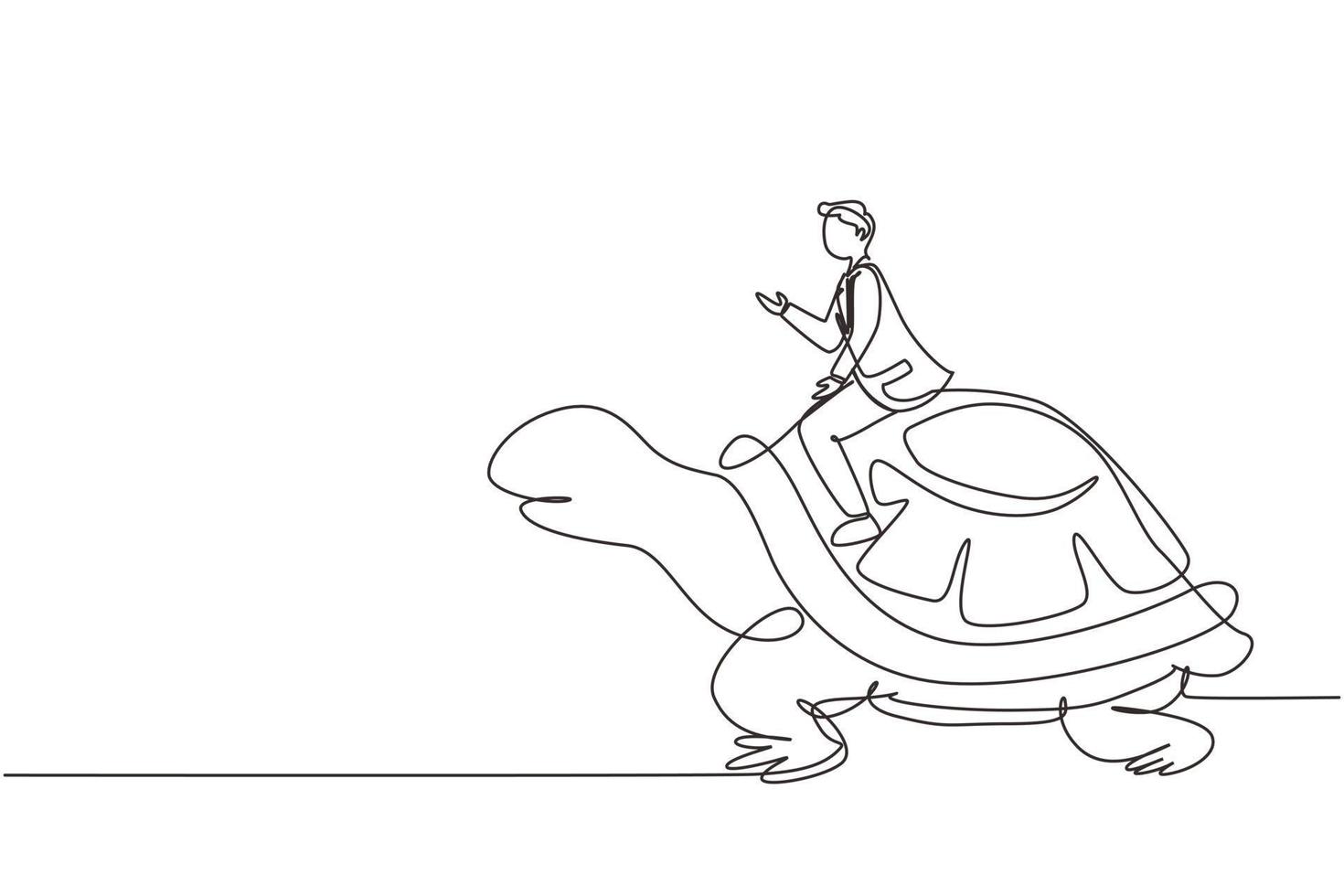 uomo d'affari di disegno a linea continua che cavalca un'enorme tartaruga. movimento lento verso il successo, manager che guida una tartaruga gigante. concetto di concorrenza tra imprese. illustrazione grafica vettoriale di disegno a linea singola