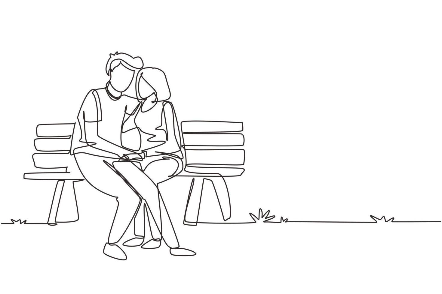 coppia romantica di disegno a linea continua singola. donna uomo seduto su una panchina nel parco cittadino. concetto di famiglia felice. l'intimità celebra l'anniversario di matrimonio. illustrazione vettoriale di un disegno grafico a una linea