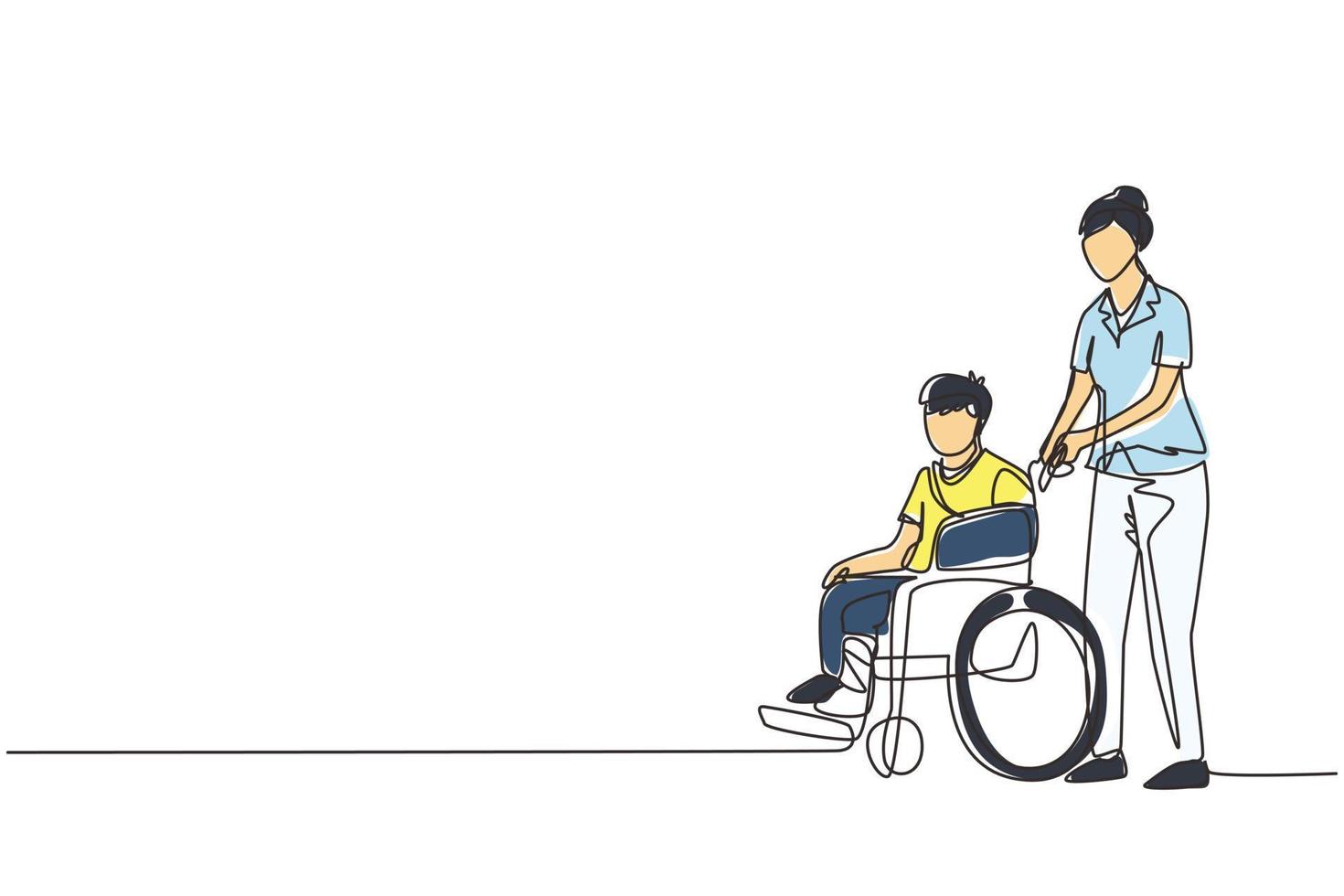 disegno di una sola linea ragazzo disabile con mano rotta, sedia a rotelle per gambe con assistenza infermieristica. paziente per bambini in ospedale di traumatologia. disabilità. illustrazione vettoriale di disegno a linea continua