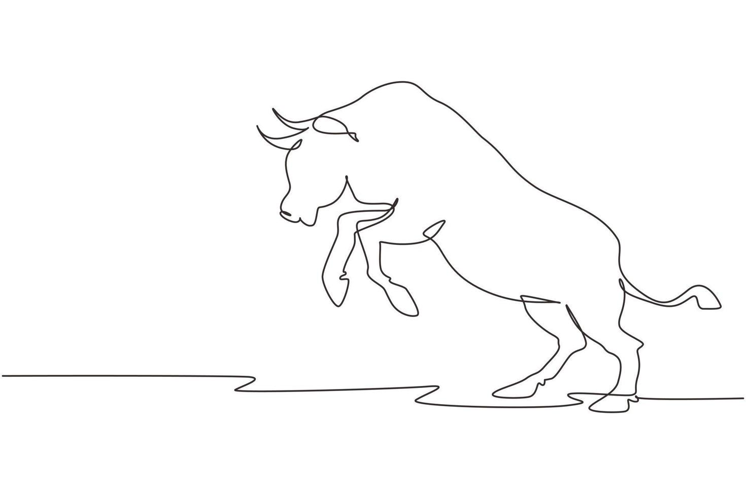 singola linea aggressività del disegno di una linea attacco di toro selvaggio. il toro è pieno di energia. il grande bufalo si alza prima di correre. toro arrabbiato all'arena del rodeo. illustrazione vettoriale grafica di disegno a linea continua