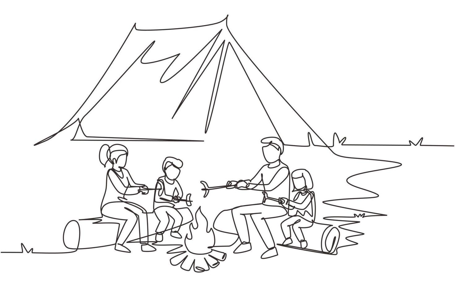 disegno continuo di una linea famiglia felice seduto accanto al fuoco. turisti allegri, campeggiatori. mamma papà e bambini arrosto salsiccia. viaggio avventura in campeggio notturno. illustrazione grafica vettoriale di disegno a linea singola