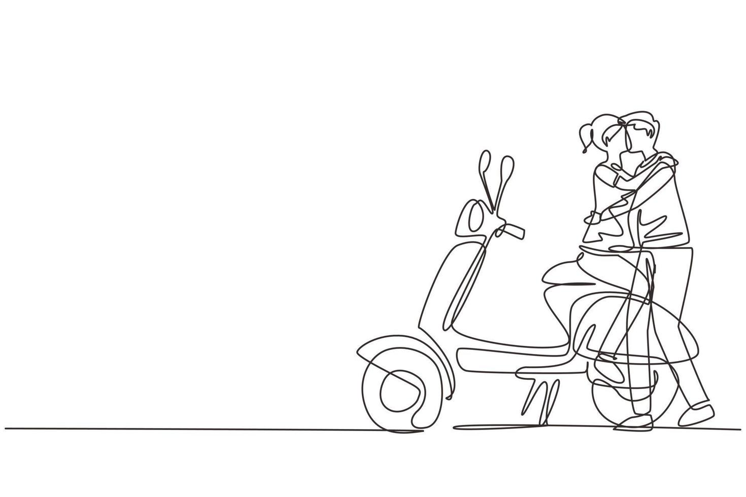 monopattino con disegno a linea continua, viaggio, coppia, avventura, concetto di giro. la coppia di famiglia viaggia in scooter. uomo e donna felici guidano la moto. illustrazione vettoriale di un disegno grafico a una linea