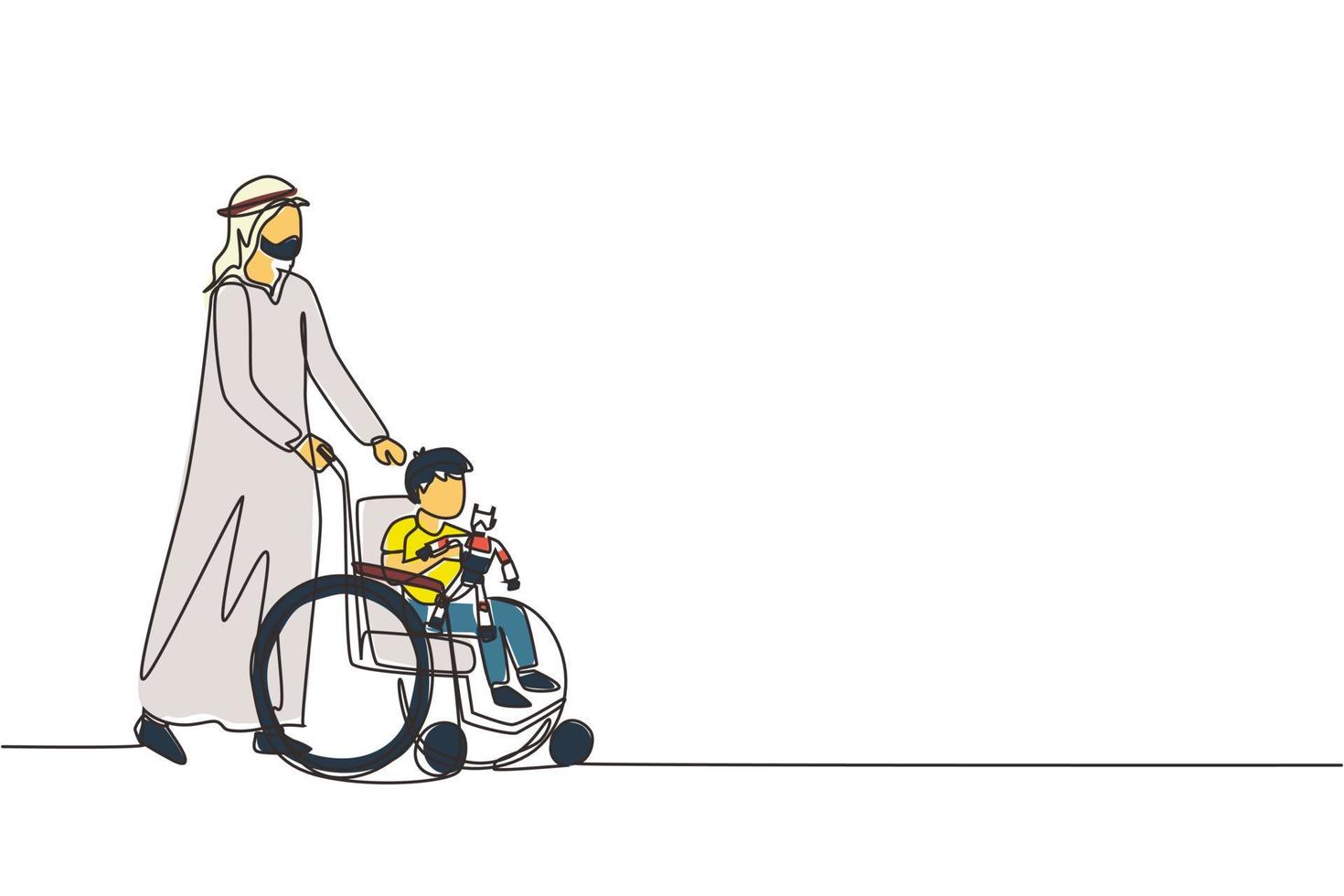 riabilitazione del disegno a linea continua singola per bambini. il padre arabo si prende cura del ragazzo. papà felice aiuta i bambini con disabilità in sedia a rotelle che tiene il robot giocattolo. vettore di disegno di una linea