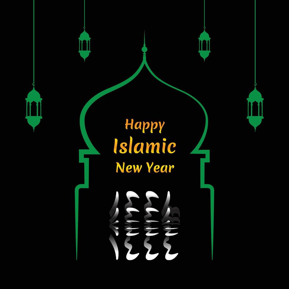 felice nuovo hijri islamico anno 1444 con numero arabo, moschea verde e silhouette di lanterna su sfondo nero. passando dal 1443 al nuovo anno hijri 1444 capovolgi l'effetto del testo. vettore
