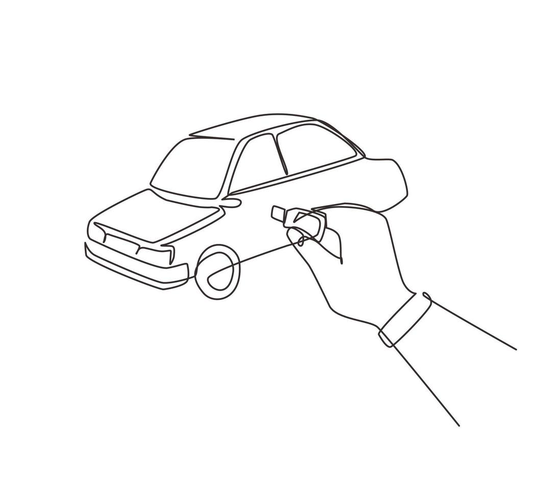 mano di disegno a linea continua singola girando la chiave nel foro sulla portiera dell'auto. l'uomo usa la chiave per aprire il nuovo veicolo. noleggio auto. illustrazione vettoriale di disegno grafico dinamico di una linea