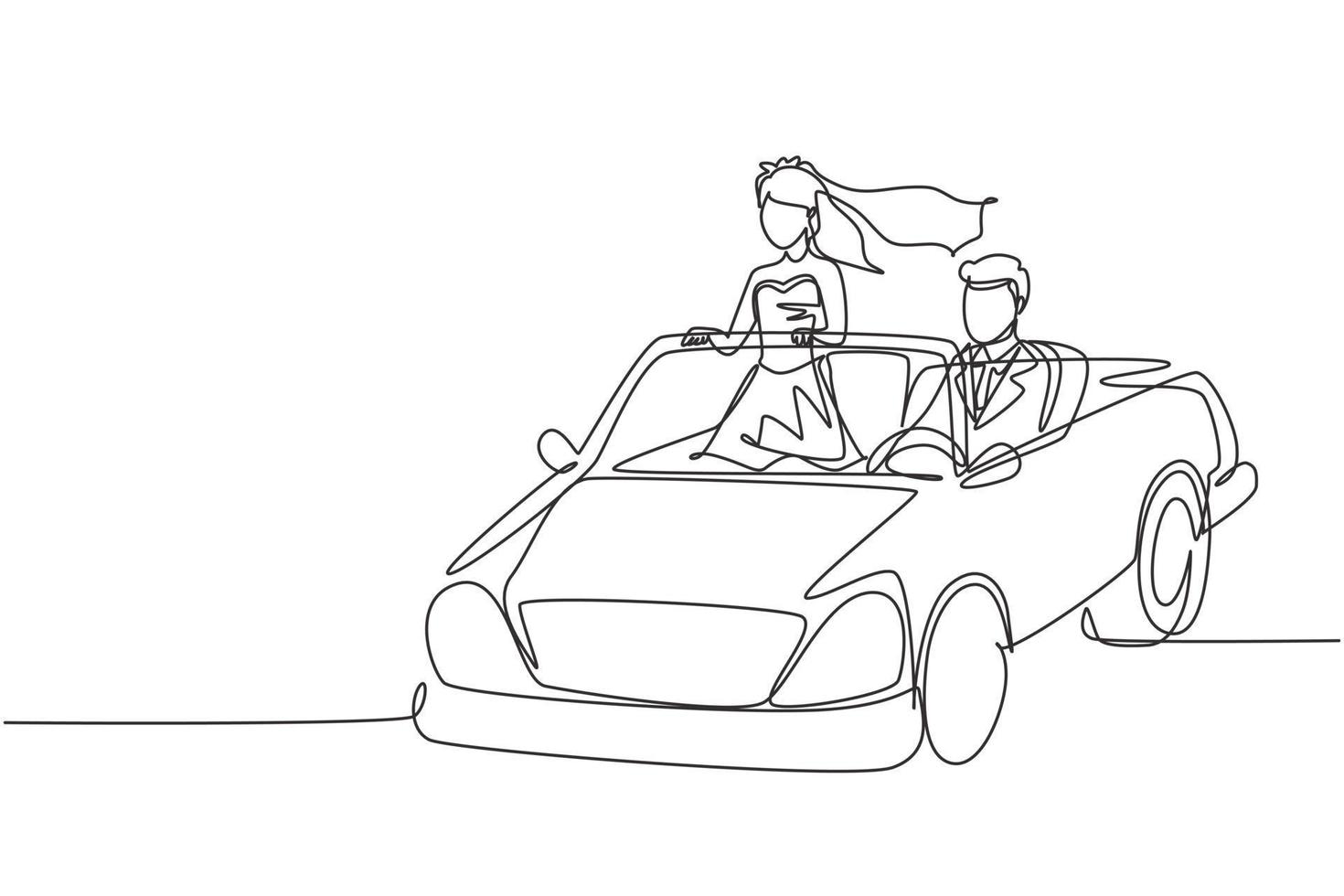 disegno a linea continua singola felice coppia sposata che guida un'auto in viaggio su strada. uomo e donna con abito da sposa che guidano in auto cabriolet andando alla festa di nozze. vettore di disegno grafico a una linea