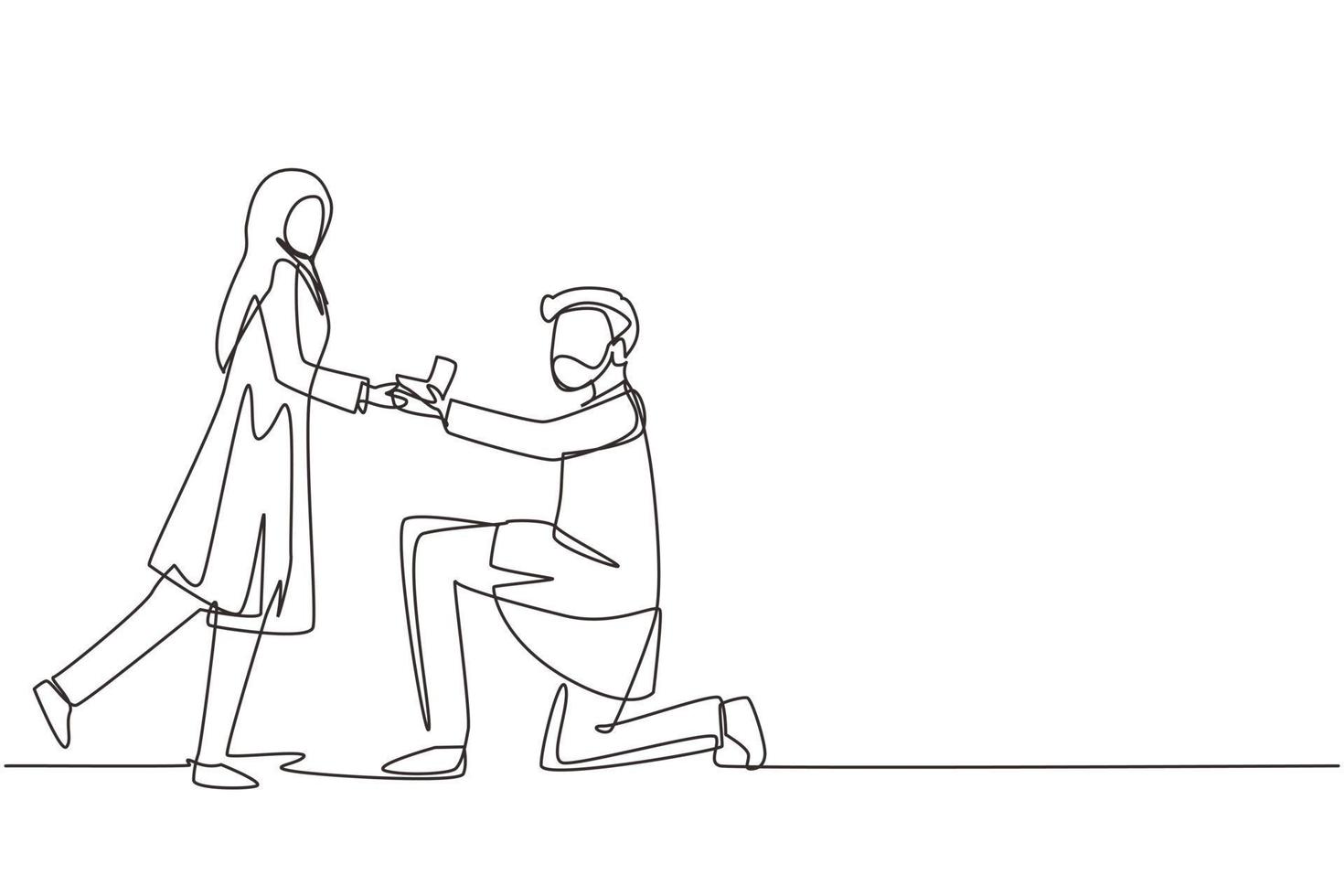 un solo disegno di una linea uomo arabo inginocchiato che offre un anello di fidanzamento alla sua ragazza. giovane ragazzo in ginocchio che propone una ragazza da sposare. concetto di proposta di matrimonio. vettore grafico di disegno di linea continua