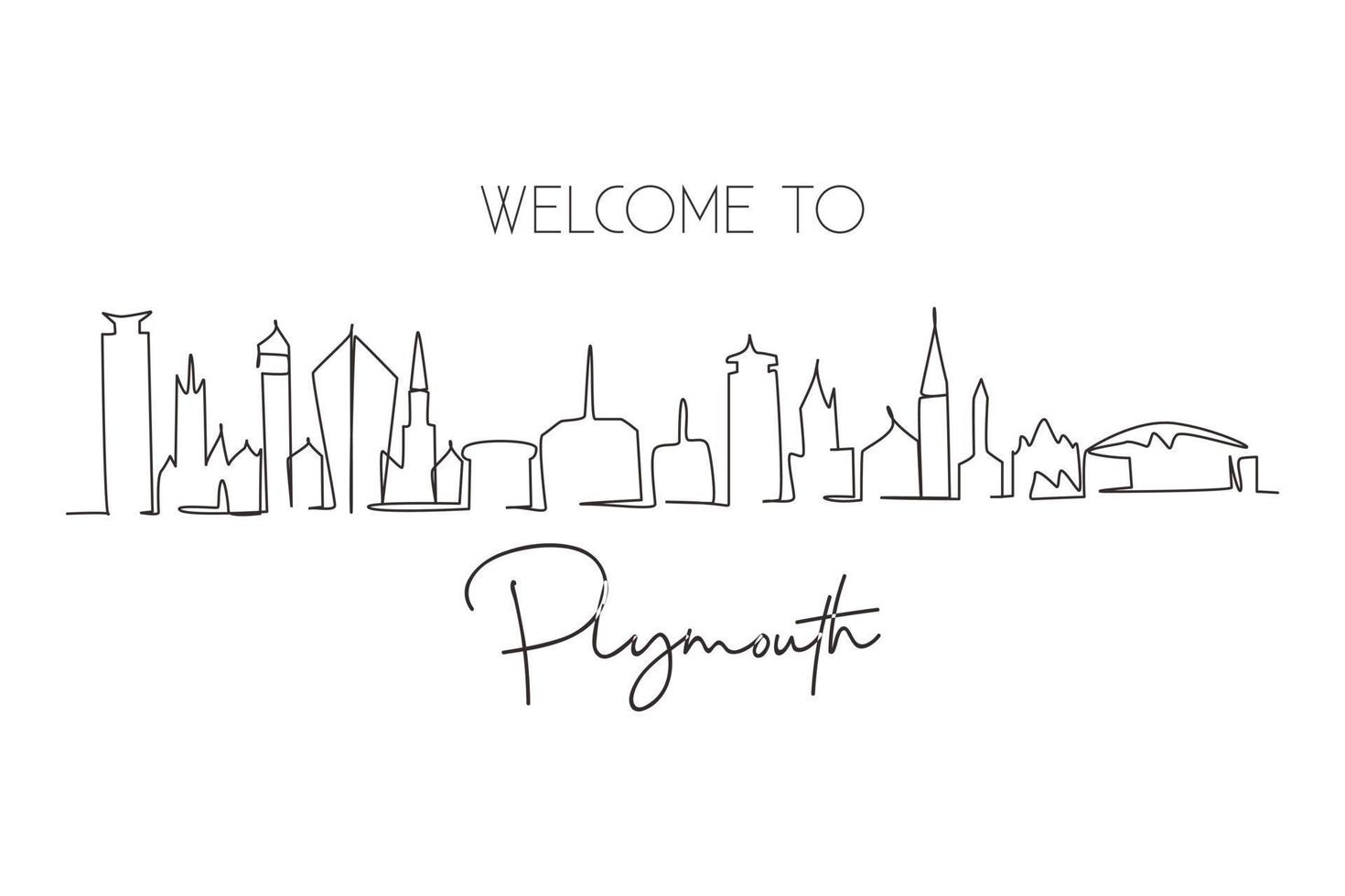 singolo disegno a tratteggio dello skyline della città di plymouth, in inghilterra. bellissimo punto di riferimento. poster della decorazione della parete di viaggio del turismo del paesaggio del bellissimo mondo, cartolina. illustrazione vettoriale moderna di disegno a linea continua