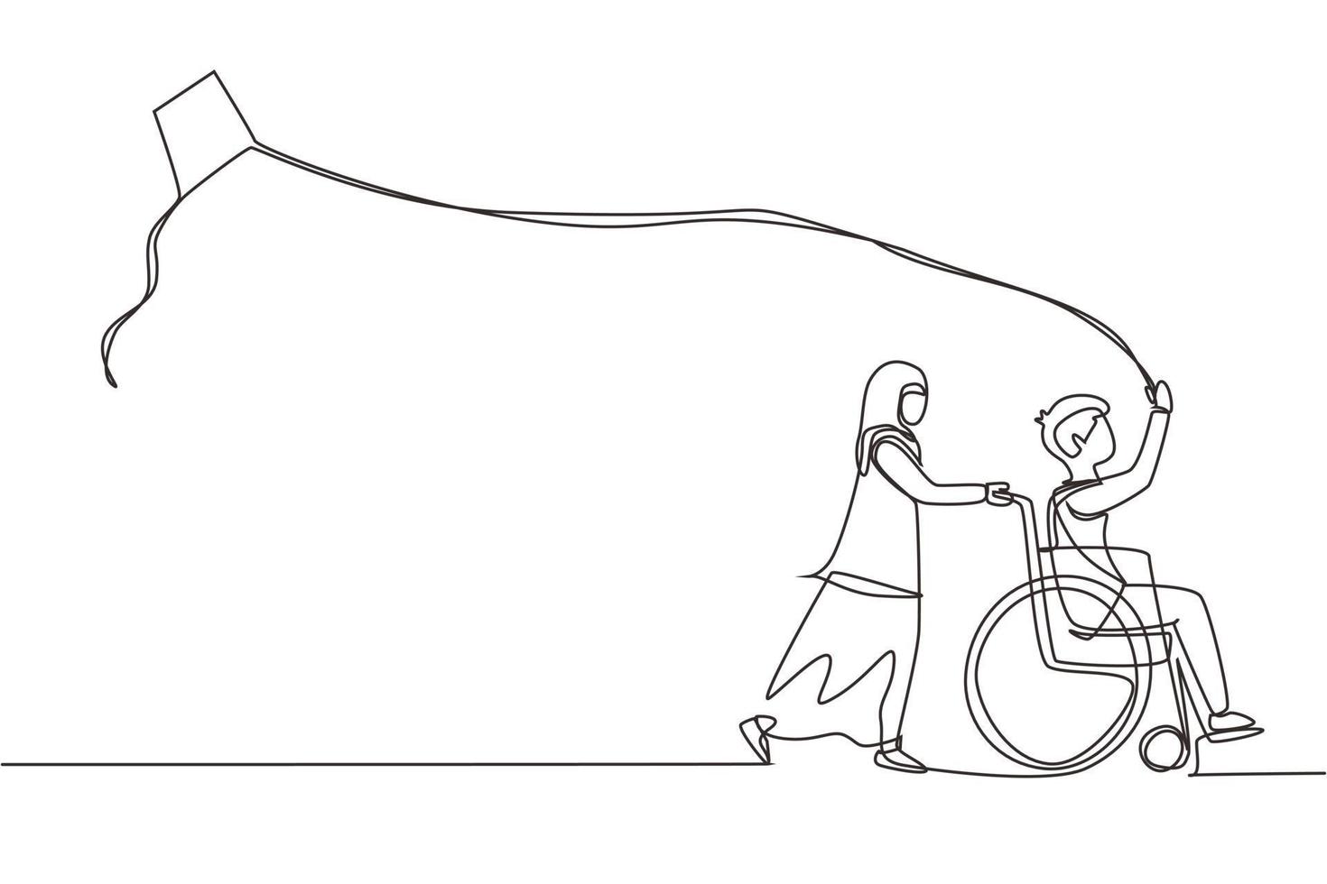 unico disegno a tratteggio bambino felice concetto disabile. piccola ragazza araba disegnata a mano che spinge ragazzo in sedia a rotelle con aquilone volante. i disabili si divertono all'aperto. illustrazione vettoriale di disegno a linea continua