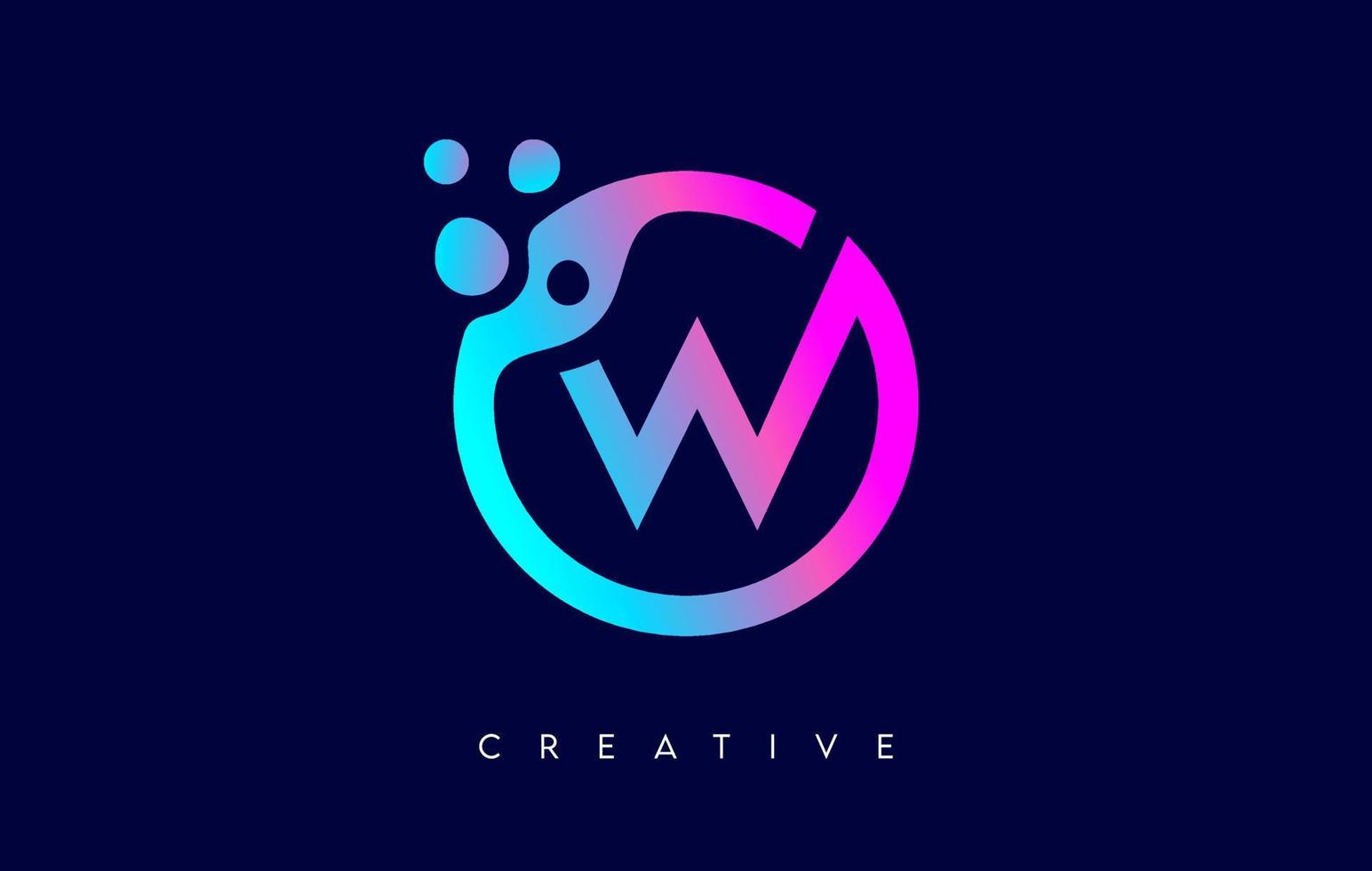 lettera w logo con punti e bolle all'interno di una forma circolare in viola colori neon vettore