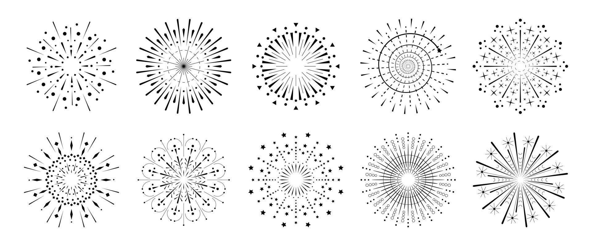 set di raggi scintillanti di fuochi d'artificio. collezione astratta dello sprazzo di sole radiante. diversi brillano i raggi del sole o i fuochi d'artificio brillano i raggi. elementi di design grafico del cerchio di luce solare. più opzioni di esplosione di luce solare. vettore