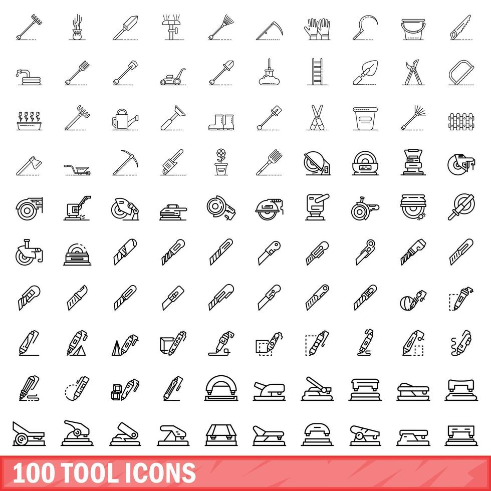 100 icone degli strumenti impostate, stile contorno vettore