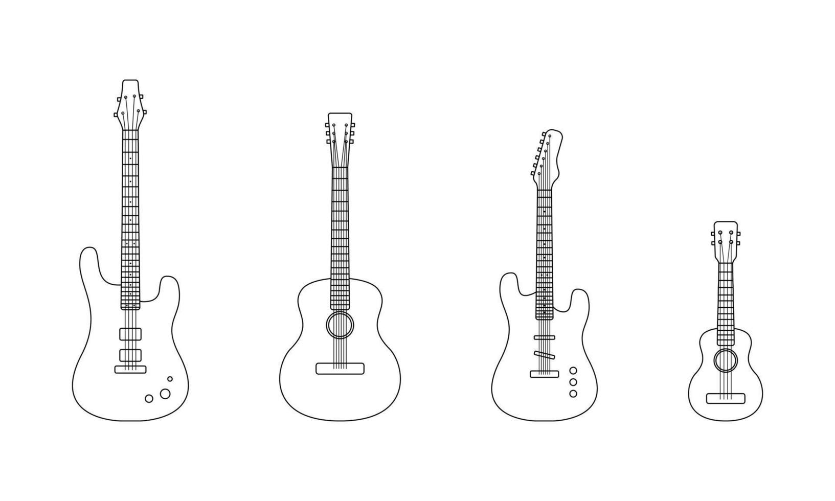 set di chitarre di contorno. chitarra acustica, elettrica, basso e ukulele isolati su sfondo bianco. illustrazione vettoriale