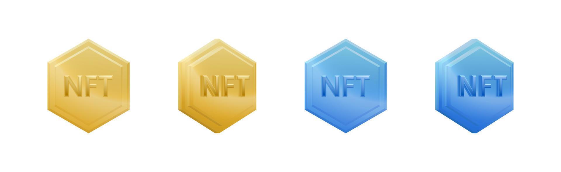 set di monete token non fungibili nft oro e blu isolate su sfondo bianco. illustrazione vettoriale