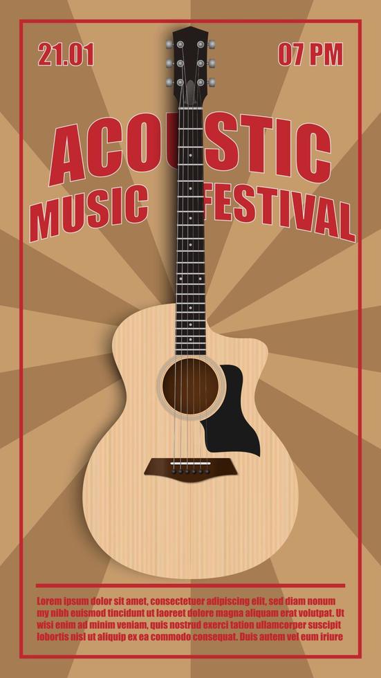 modello di progettazione del manifesto del volantino del festival di musica acustica, chitarra acustica su fondo di struttura di legno, illustrazione di vettore
