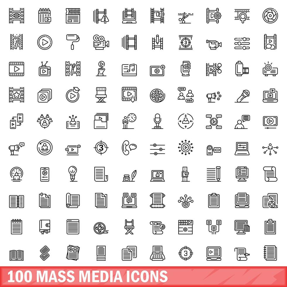 100 icone mass media impostate, stile contorno vettore