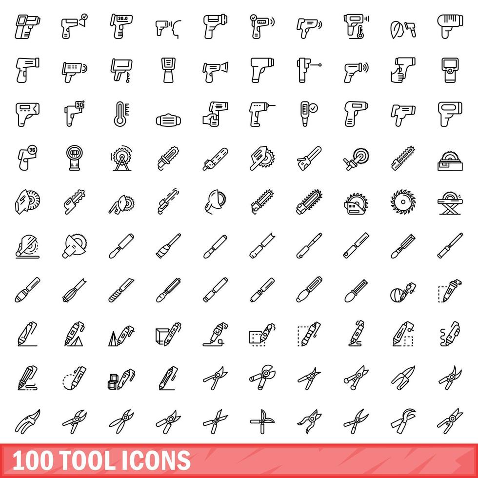 100 icone degli strumenti impostate, stile contorno vettore