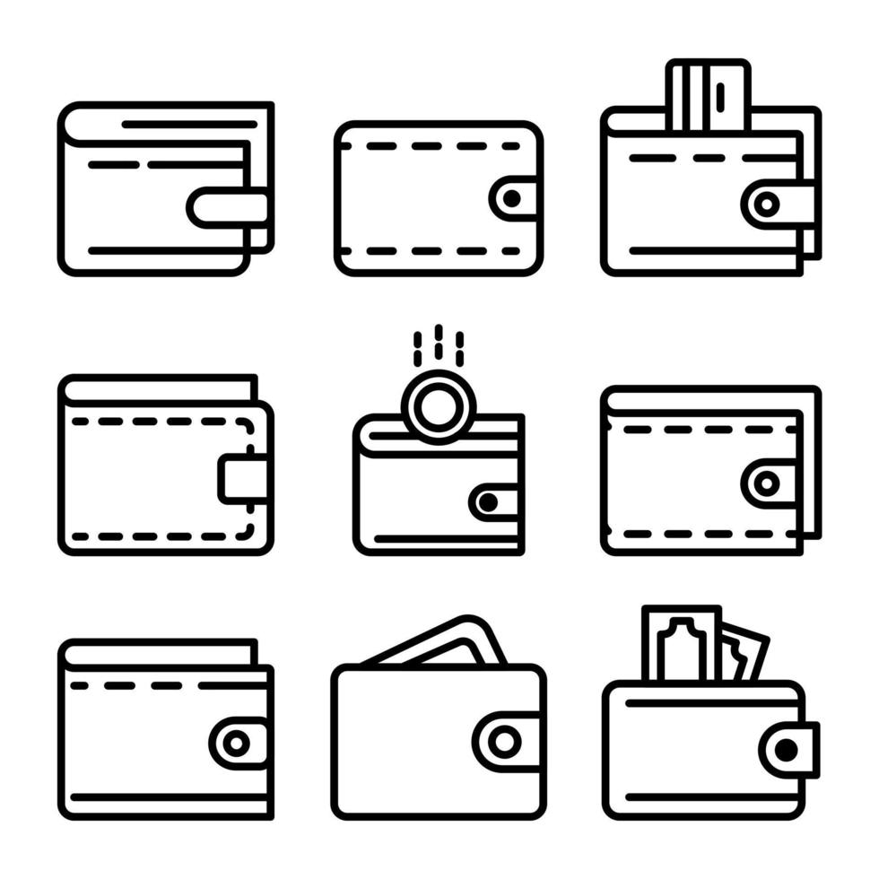 portafoglio set di icone, stile contorno vettore