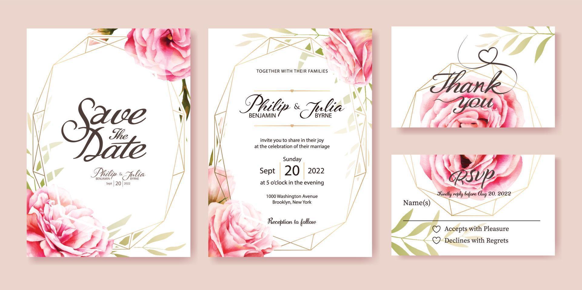 invito a nozze, salva la data, grazie, modello di progettazione di carte rsvp. vettore. rosa rosa, foglie di ulivo. stile acquerello vettore