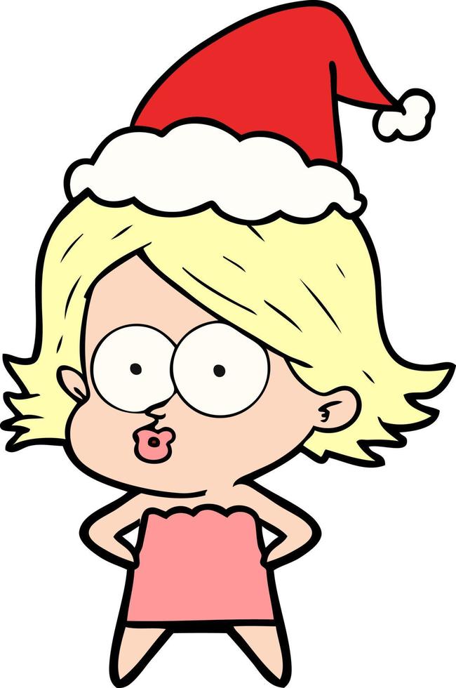 disegno a tratteggio di una ragazza imbronciata che indossa il cappello di Babbo Natale vettore