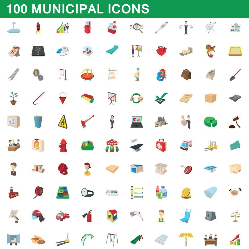 100 icone municipali impostate, stile cartone animato vettore