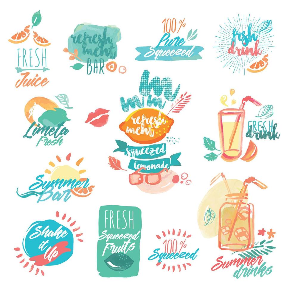 set di etichette ad acquerello disegnate a mano e segni di succhi di frutta fresca e bevande. illustrazioni vettoriali per menu, cibi e bevande, ristorante e bar.