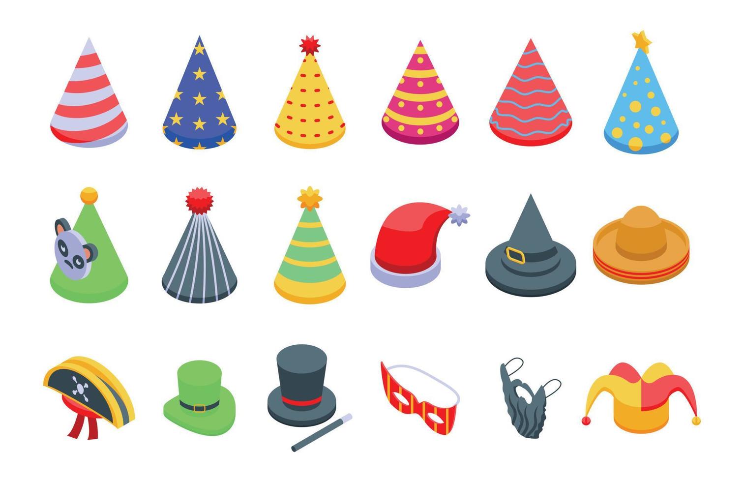 le icone dei cappelli del partito hanno impostato il vettore isometrico. cappello di compleanno