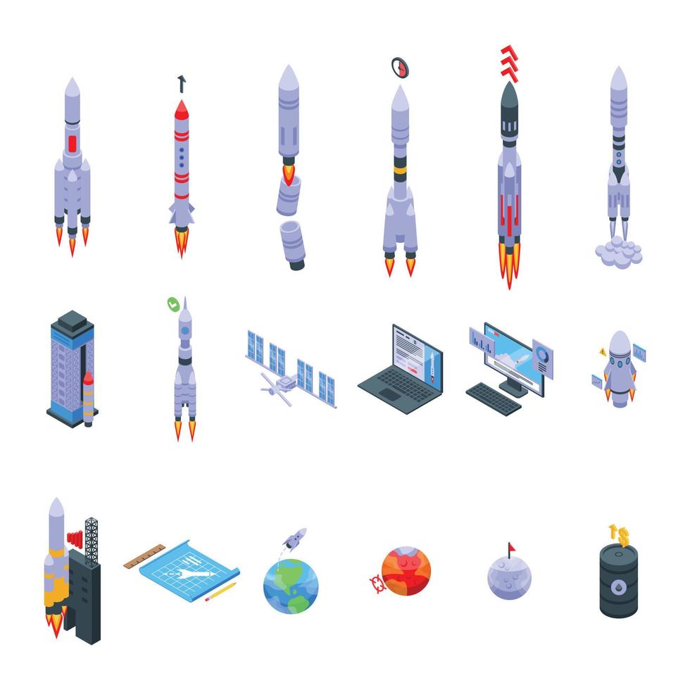 le icone di lancio del veicolo spaziale impostano il vettore isometrico. razzo