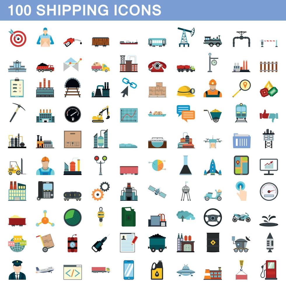 100 icone di spedizione impostate, stile piatto vettore