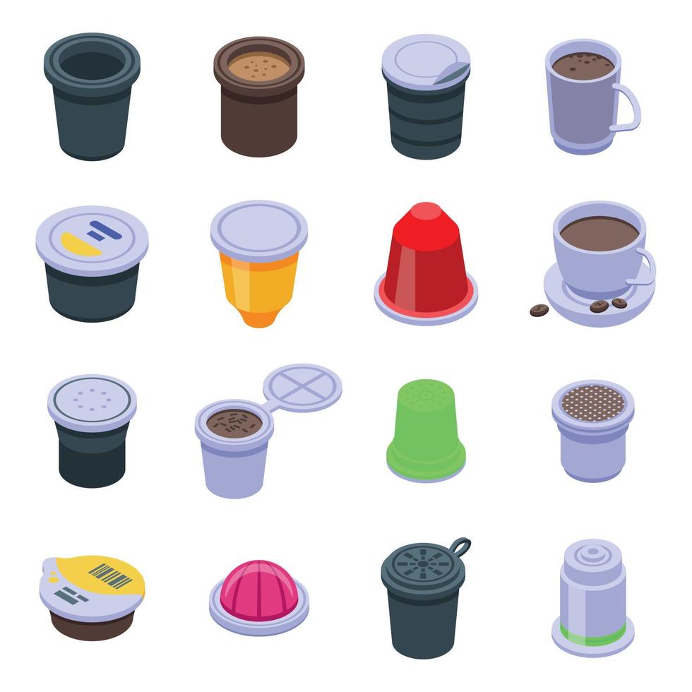 Capsule caffè set di icone, stile isometrico vettore