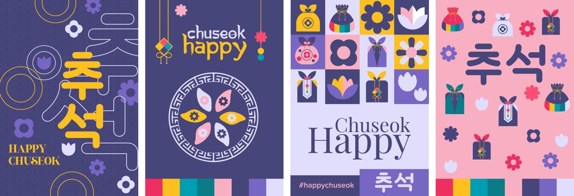 poster geometrico felice chuseok, biglietto di auguri, copertina del libro. raccolta di vettore del set di calligrafia chuseok del ringraziamento coreano.