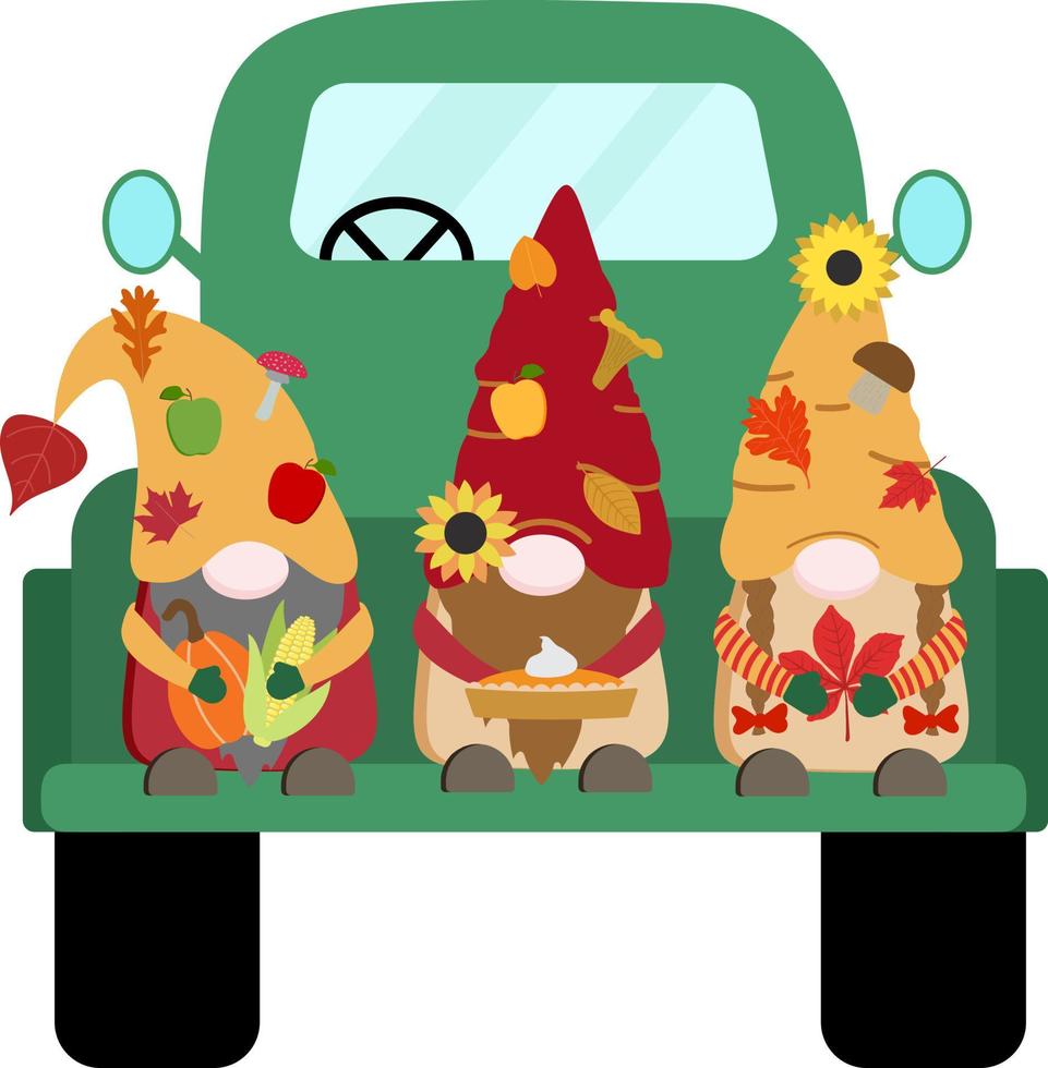 carino raccolto colori autunnali gnomi vettoriali in verde camioncino vintage con zucca arancione, spiga di granoturco, torta con crema, foglie autunnali, funghi. isolato su sfondo bianco.