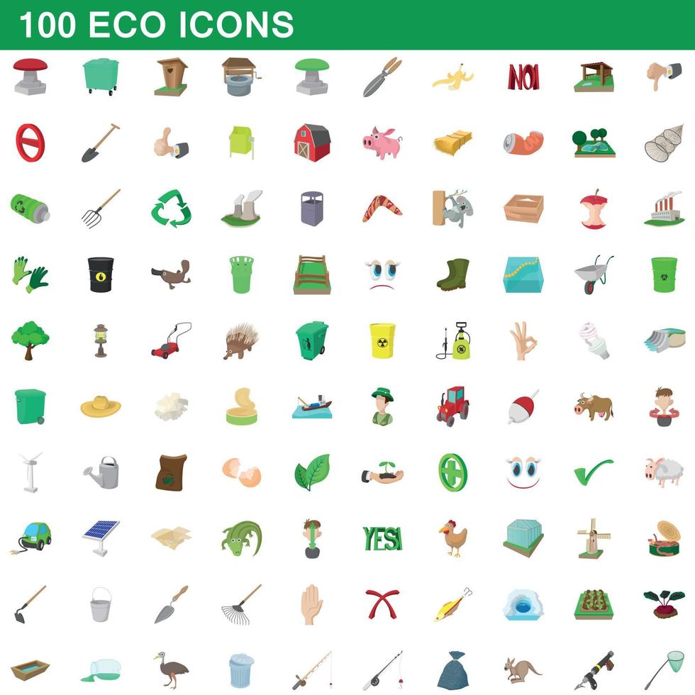 100 icone eco impostate, stile cartone animato vettore