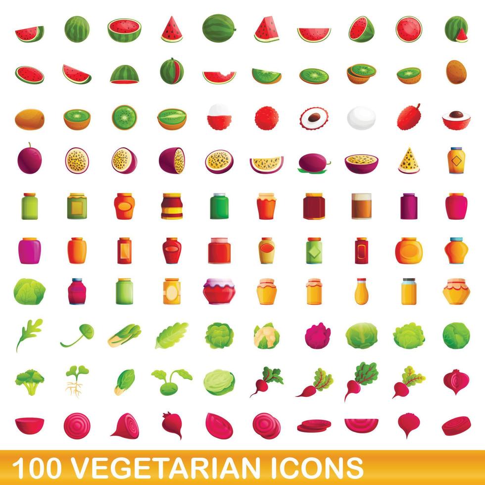 100 icone vegetariane impostate, stile cartone animato vettore