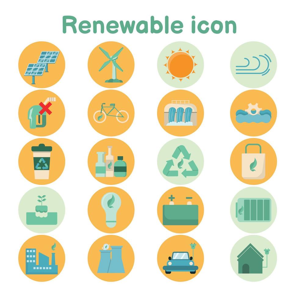 icona piatta sul cerchio delle energie rinnovabili. energia pulita compreso il riciclaggio. casa e l'industria utilizzando alternative rispettose dell'ambiente. illustrazione vettoriale isolato su sfondo bianco.