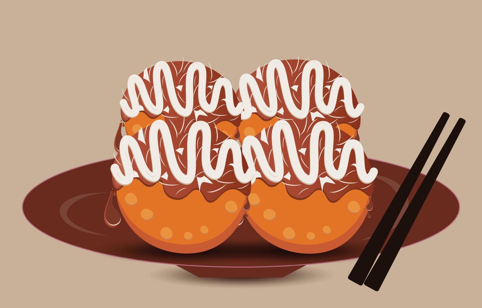 i takoyaki sono posti su un piatto marrone. cibo di strada giapponese, palline di polpo, illustrazione vettoriale cartone animato