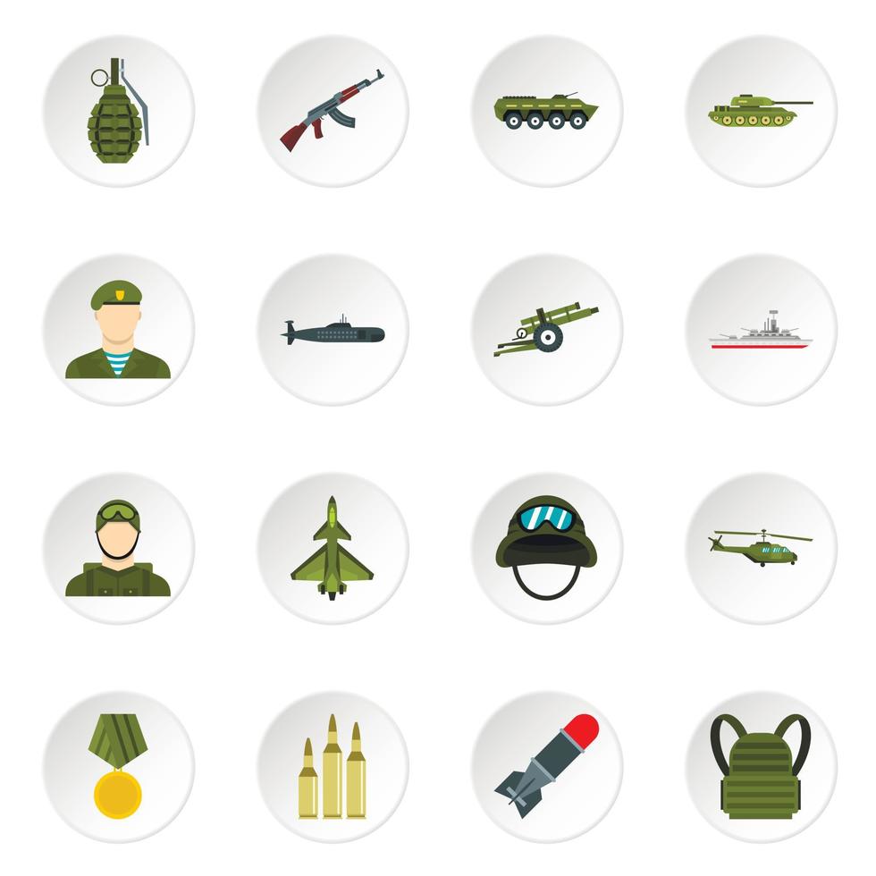 set di icone militari, stile piatto vettore
