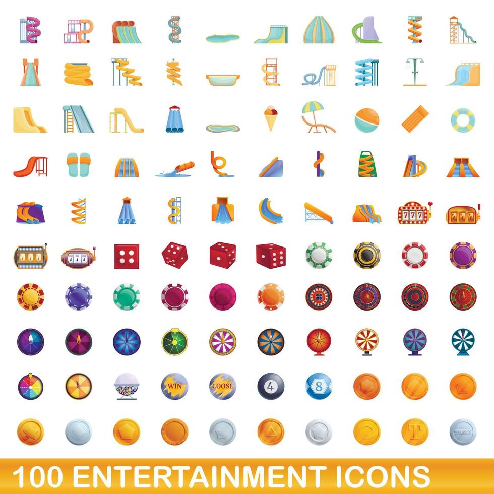 100 icone di intrattenimento impostate, stile cartone animato vettore