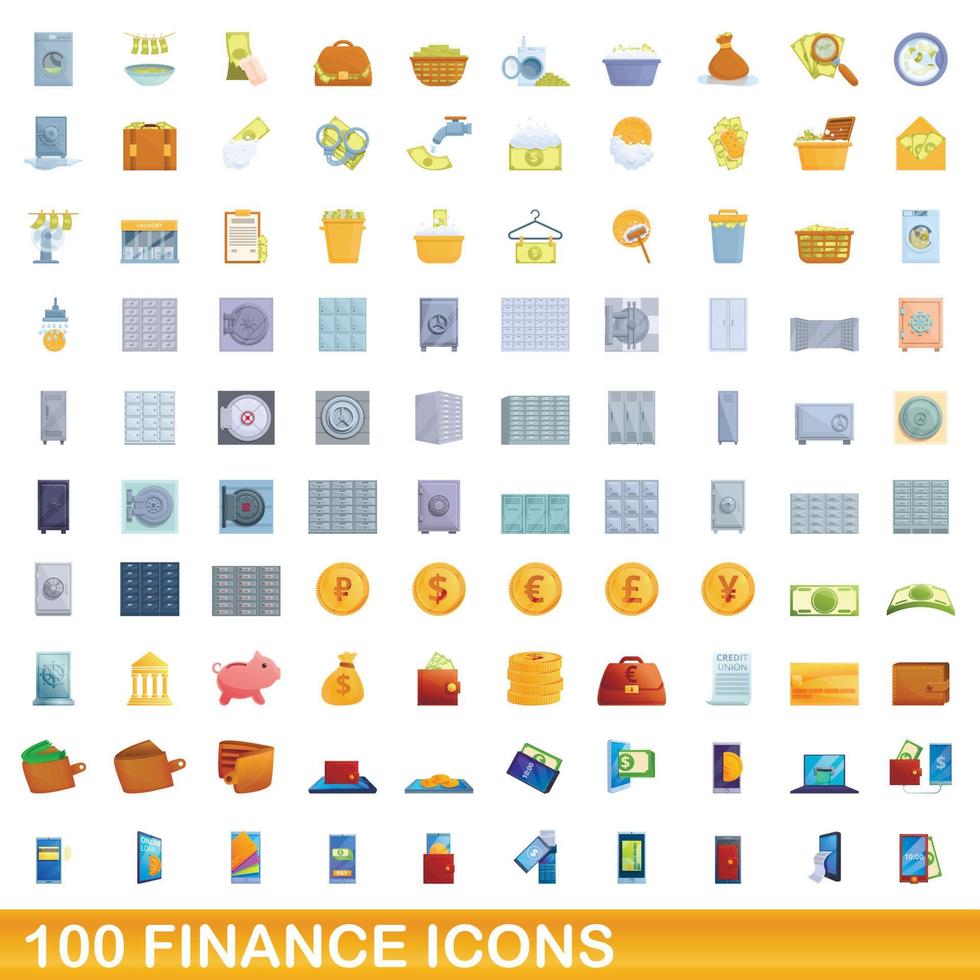 100 icone di finanza impostate, stile cartone animato vettore