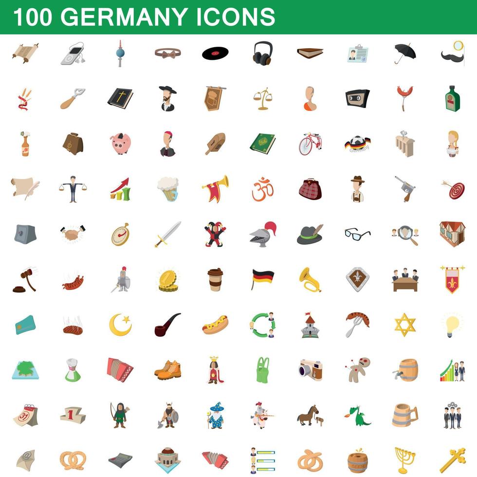 100 set di icone della Germania, stile cartone animato vettore