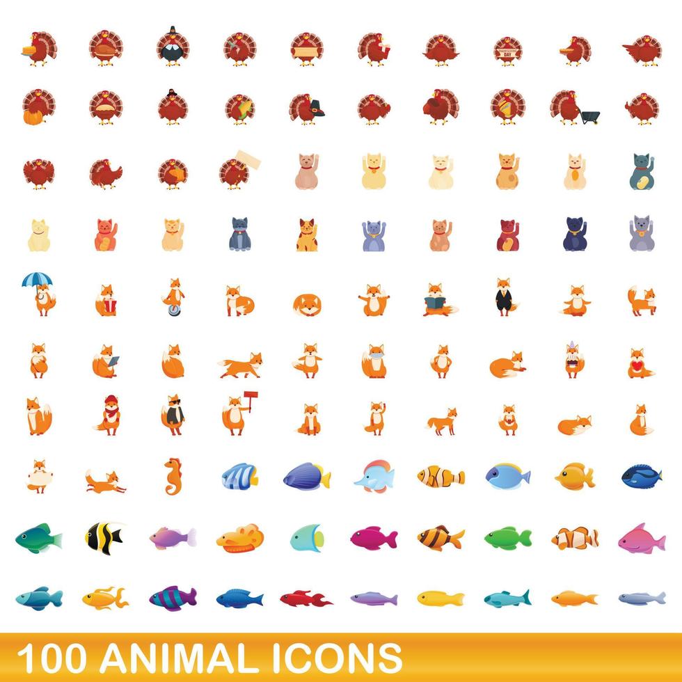 100 icone animali impostate, stile cartone animato vettore