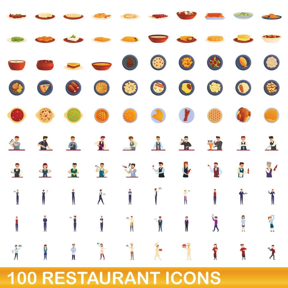100 icone del ristorante impostate, stile cartone animato vettore